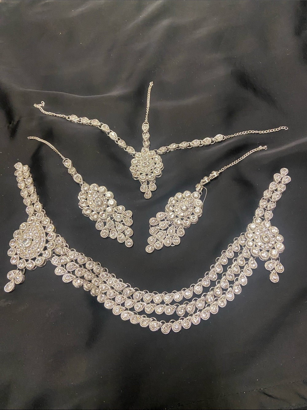 Indian Crystal Silver Bridal Necklace Set with headpiece tikka mattha patti